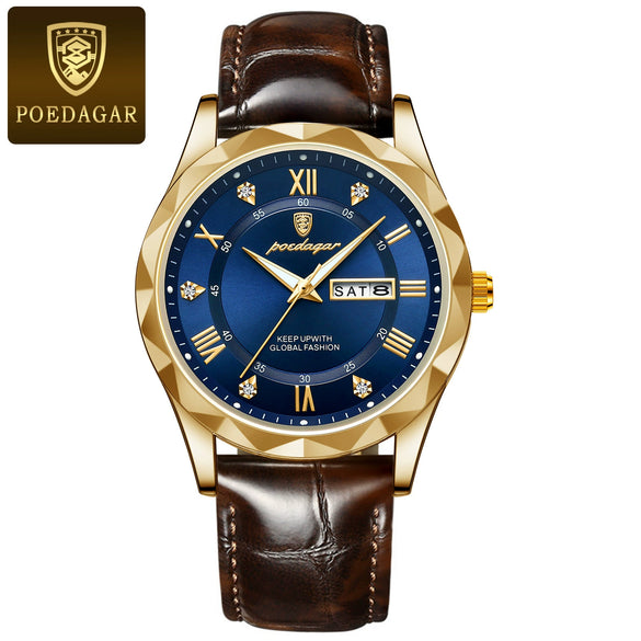 Men's Leisure Waterproof Quartz Watch With Alloy Case Genuine Leather Strap And Stainless Steel Buckle Round Dial