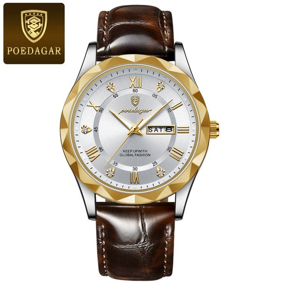 Men's Leisure Waterproof Quartz Watch With Alloy Case Genuine Leather Strap And Stainless Steel Buckle Round Dial