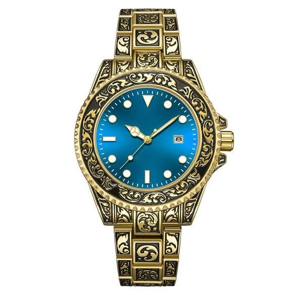Men's Luminous Calendar Retro Carved Art Watch Metal Mineral Strengthened Glass Round Dial