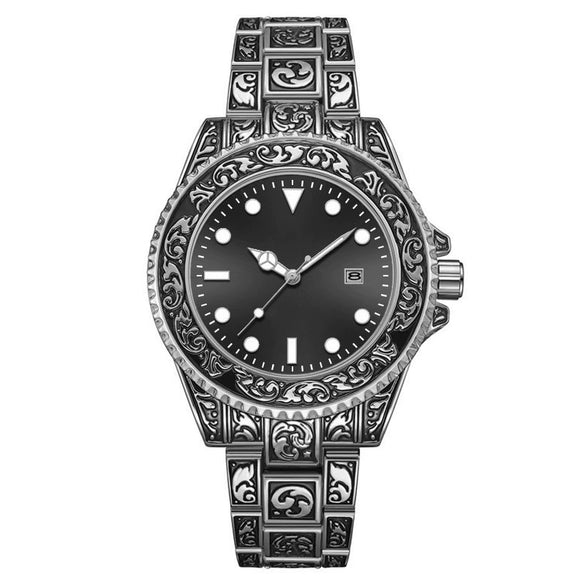 Men's Luminous Calendar Retro Carved Art Watch Metal Mineral Strengthened Glass Round Dial