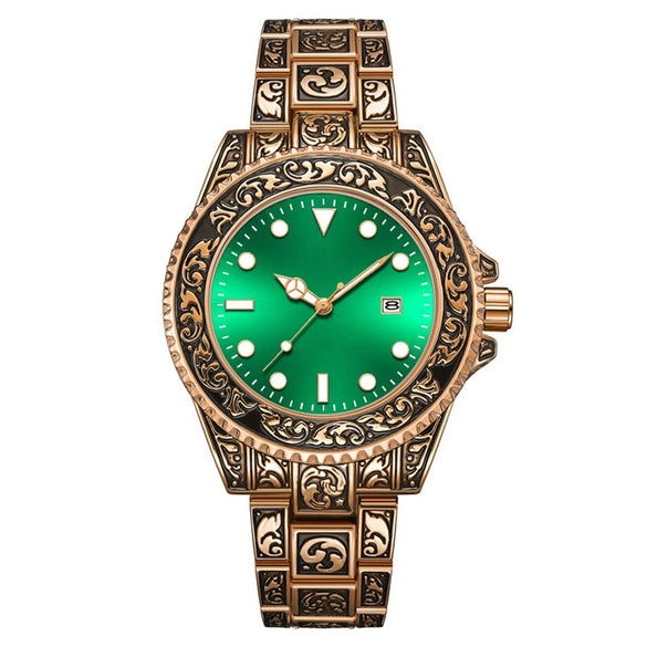 Men's Luminous Calendar Retro Carved Art Watch Metal Mineral Strengthened Glass Round Dial