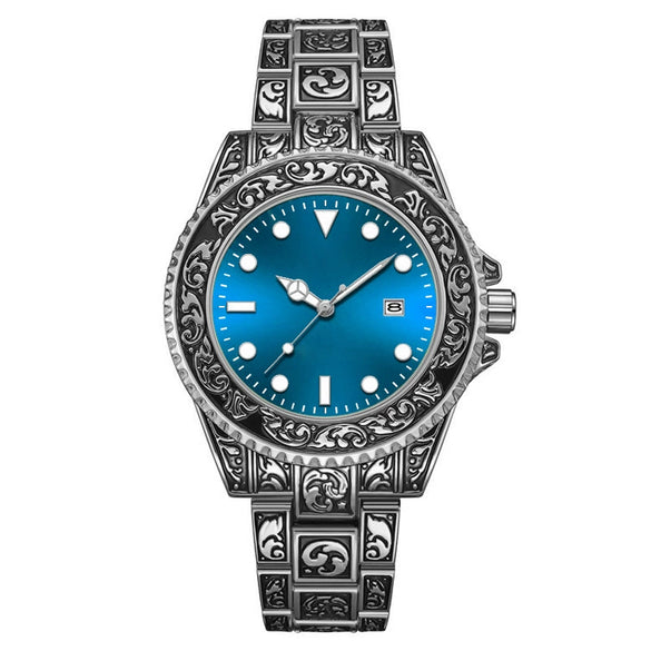 Men's Luminous Calendar Retro Carved Art Watch Metal Mineral Strengthened Glass Round Dial