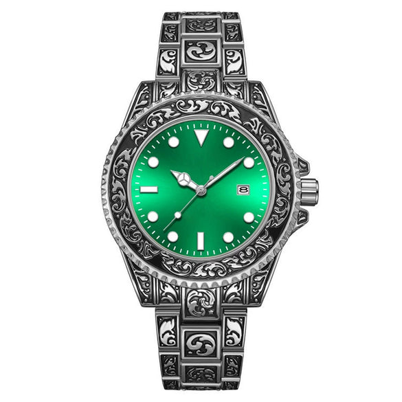 Men's Luminous Calendar Retro Carved Art Watch Metal Mineral Strengthened Glass Round Dial