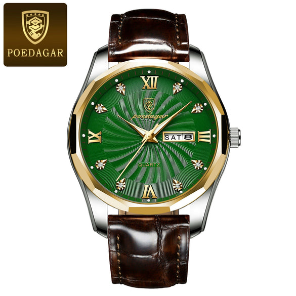 Men's Luxury Fashion Waterproof Luminous Quartz Watch Alloy Case Genuine Leather Strap Round Dial Mineral Reinforced Glass Mirror