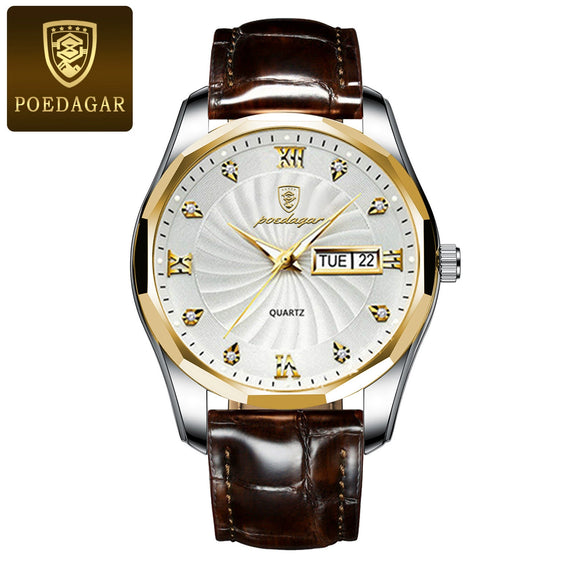 Men's Luxury Fashion Waterproof Luminous Quartz Watch Alloy Case Genuine Leather Strap Round Dial Mineral Reinforced Glass Mirror