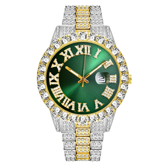 Men's Luxury Quartz Watch And Cuban Bracelet Set With Diamond Accent Round Dial Alloy Strap And Stainless Steel Clasp