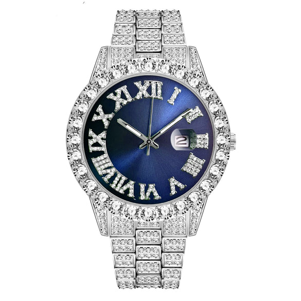 Men's Luxury Quartz Watch And Cuban Bracelet Set With Diamond Accent Round Dial Alloy Strap And Stainless Steel Clasp