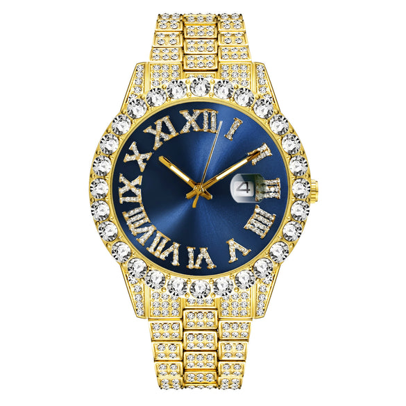 Men's Luxury Quartz Watch And Cuban Bracelet Set With Diamond Accent Round Dial Alloy Strap And Stainless Steel Clasp