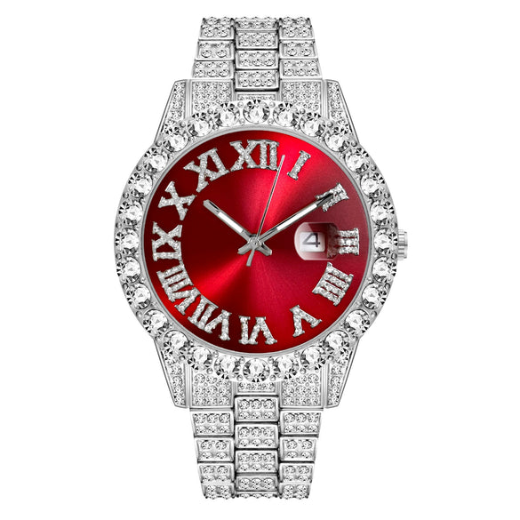 Men's Luxury Quartz Watch And Cuban Bracelet Set With Diamond Accent Round Dial Alloy Strap And Stainless Steel Clasp