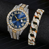 Men's Luxury Quartz Watch And Cuban Bracelet Set With Diamond Accent Round Dial Alloy Strap And Stainless Steel Clasp