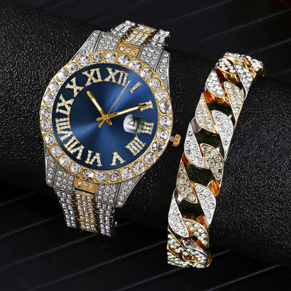 Men's Luxury Quartz Watch And Cuban Bracelet Set With Diamond Accent Round Dial Alloy Strap And Stainless Steel Clasp