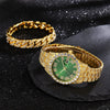 Men's Luxury Quartz Watch And Cuban Bracelet Set With Diamond Accent Round Dial Alloy Strap And Stainless Steel Clasp