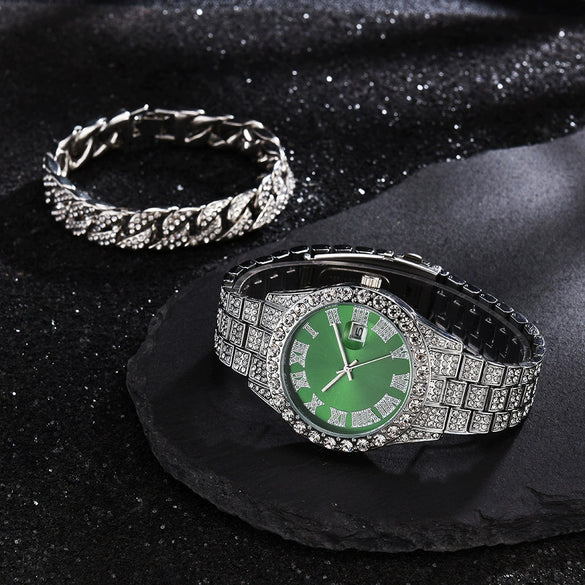 Men's Luxury Quartz Watch And Cuban Bracelet Set With Diamond Accent Round Dial Alloy Strap And Stainless Steel Clasp