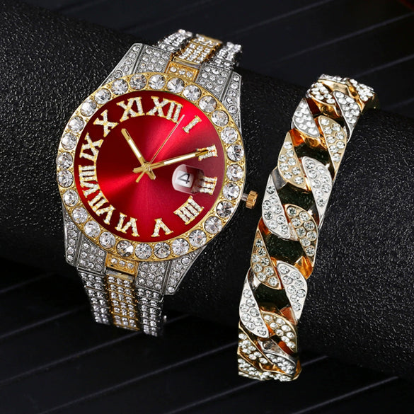 Men's Luxury Quartz Watch And Cuban Bracelet Set With Diamond Accent Round Dial Alloy Strap And Stainless Steel Clasp