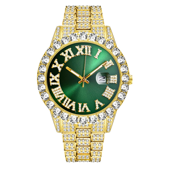 Men's Luxury Quartz Watch And Cuban Bracelet Set With Diamond Accent Round Dial Alloy Strap And Stainless Steel Clasp