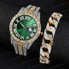 Men's Luxury Quartz Watch And Cuban Bracelet Set With Diamond Accent Round Dial Alloy Strap And Stainless Steel Clasp