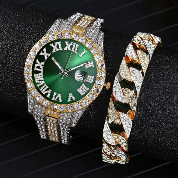 Men's Luxury Quartz Watch And Cuban Bracelet Set With Diamond Accent Round Dial Alloy Strap And Stainless Steel Clasp