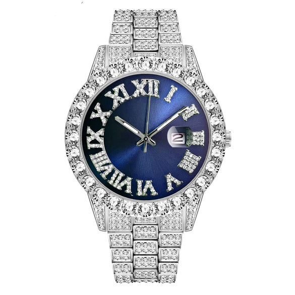 Men's Luxury Quartz Watch And Cuban Bracelet Set With Diamond Accent Round Dial Alloy Strap And Stainless Steel Clasp