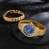 Men's Luxury Quartz Watch And Cuban Bracelet Set With Diamond Accent Round Dial Alloy Strap And Stainless Steel Clasp