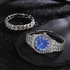 Men's Luxury Quartz Watch And Cuban Bracelet Set With Diamond Accent Round Dial Alloy Strap And Stainless Steel Clasp