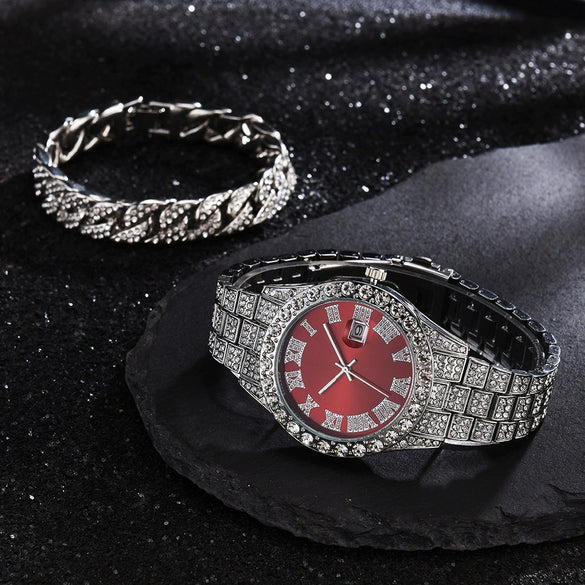 Men's Luxury Quartz Watch And Cuban Bracelet Set With Diamond Accent Round Dial Alloy Strap And Stainless Steel Clasp