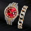 Men's Luxury Quartz Watch And Cuban Bracelet Set With Diamond Accent Round Dial Alloy Strap And Stainless Steel Clasp