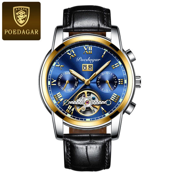 Men's Mechanical Alloy And Stainless Steel Waterproof Luminous Multifunction Leisure Watch With Through Bottom And Spiral Crown