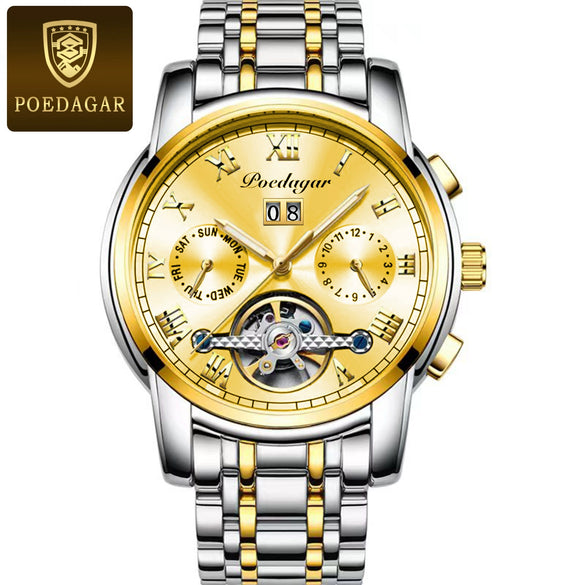 Men's Mechanical Alloy And Stainless Steel Waterproof Luminous Multifunction Leisure Watch With Through Bottom And Spiral Crown