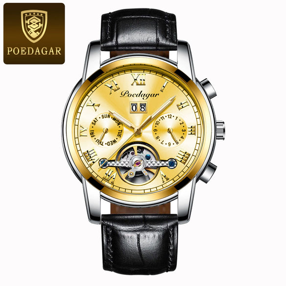 Men's Mechanical Alloy And Stainless Steel Waterproof Luminous Multifunction Leisure Watch With Through Bottom And Spiral Crown
