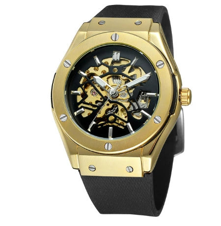 Men's Mechanical Watch Alloy Case Rubber Strap Stainless Steel Pin Buckle Round Dial Transparent Bottom Fashionable Casual