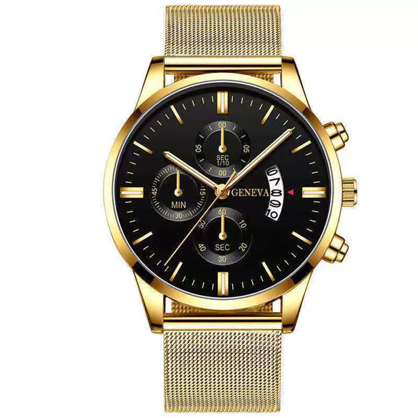 Men's Mesh Strap Quartz Calendar Watch Alloy Case Rose Gold Buckle Round Dial Leisure Style
