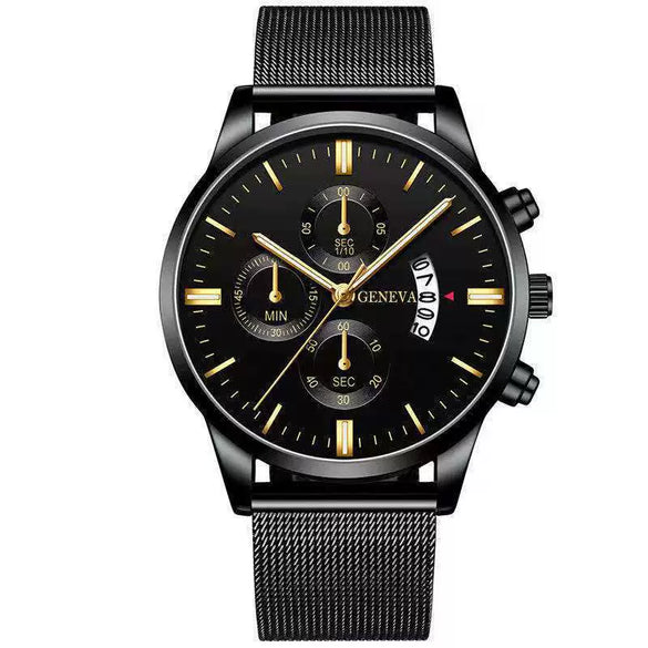 Men's Mesh Strap Quartz Calendar Watch Alloy Case Rose Gold Buckle Round Dial Leisure Style