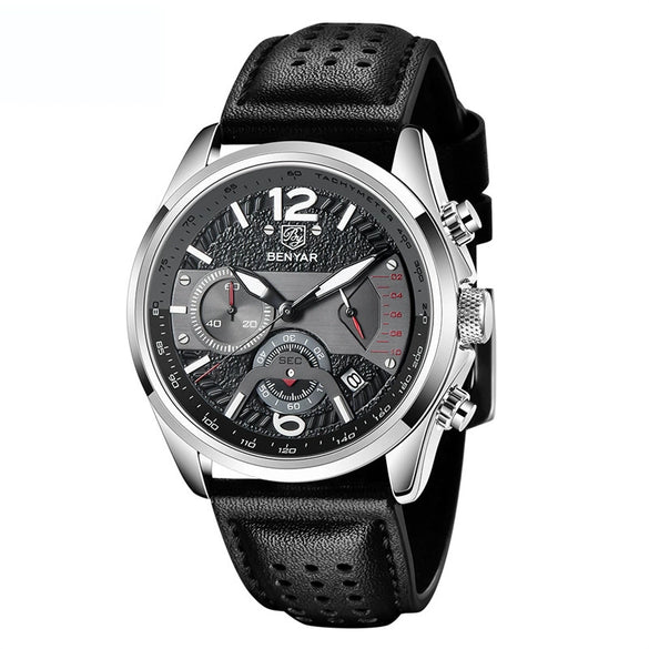 Men's Metal And Genuine Leather Fashion Sports Multifunction Chronograph Calendar Quartz Watch With Round Dial