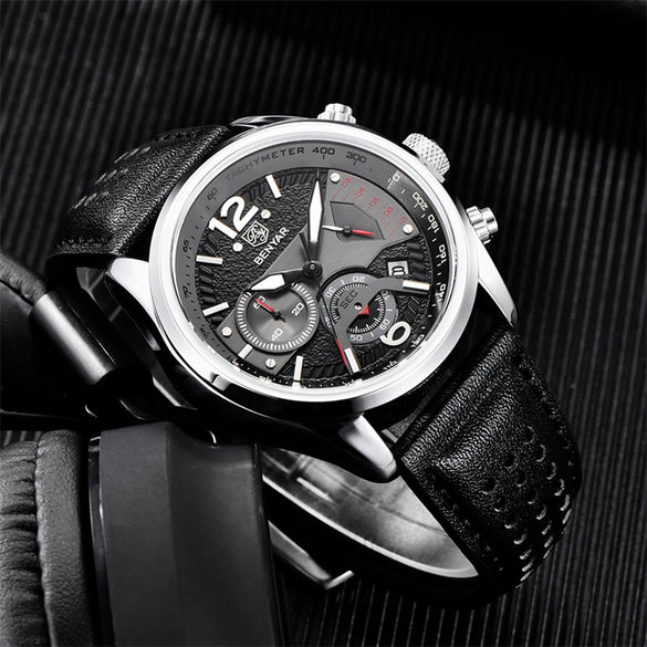 Men's Metal And Genuine Leather Fashion Sports Multifunction Chronograph Calendar Quartz Watch With Round Dial