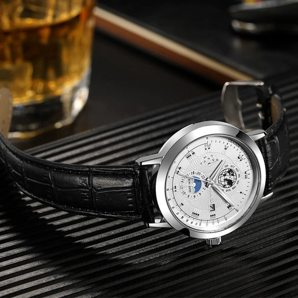 Men's Metal And Pu Quartz Watch With Round Dial Business Style