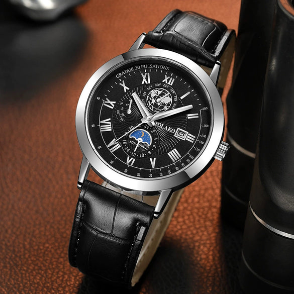 Men's Metal And Pu Quartz Watch With Round Dial Business Style