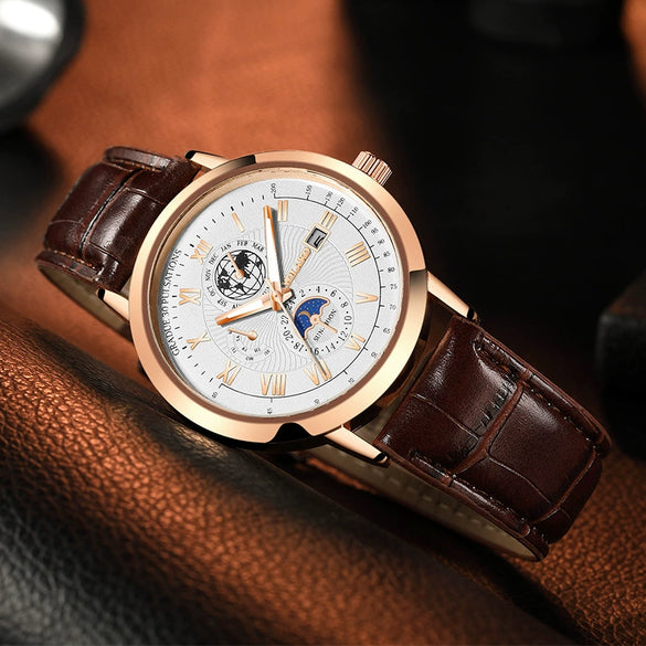 Men's Metal And Pu Quartz Watch With Round Dial Business Style