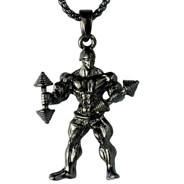 Men's Metal Jewelry Fitness Pendant With Cartoon Characters And Electroplating Treatment On Pearl Chain