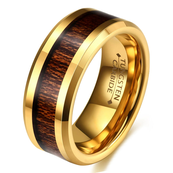 Men¡¯s Minimalist Geometric Tungsten Steel Ring With Wood Grain Design And 18K Gold Tone Electroplated Finish