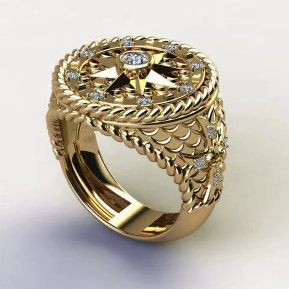 Men's Minimalist Zinc Alloy Ring With Gold Tone Wheel Shape And Inlaid Rhinestone Constellation Pattern