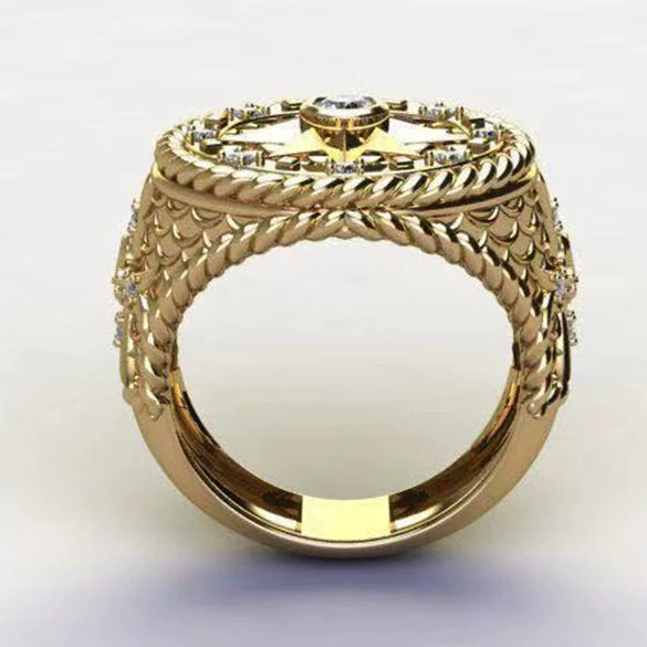 Men's Minimalist Zinc Alloy Ring With Gold Tone Wheel Shape And Inlaid Rhinestone Constellation Pattern