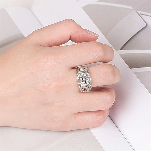 Men's Moissanite And Diamond Four Claw Ring 925 Silver Geometric Style Electroplated