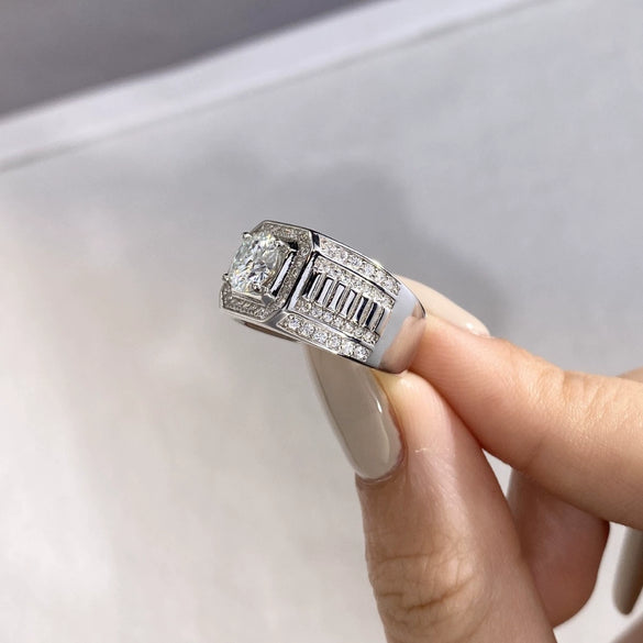 Men's Moissanite And Diamond Four Claw Ring 925 Silver Geometric Style Electroplated