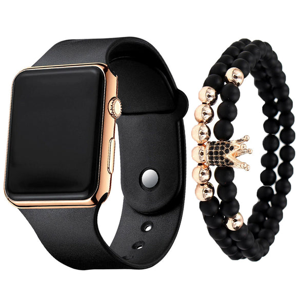 Men's Movement Style Silicone And Stainless Steel Square Electronic Watch Bracelet Suit