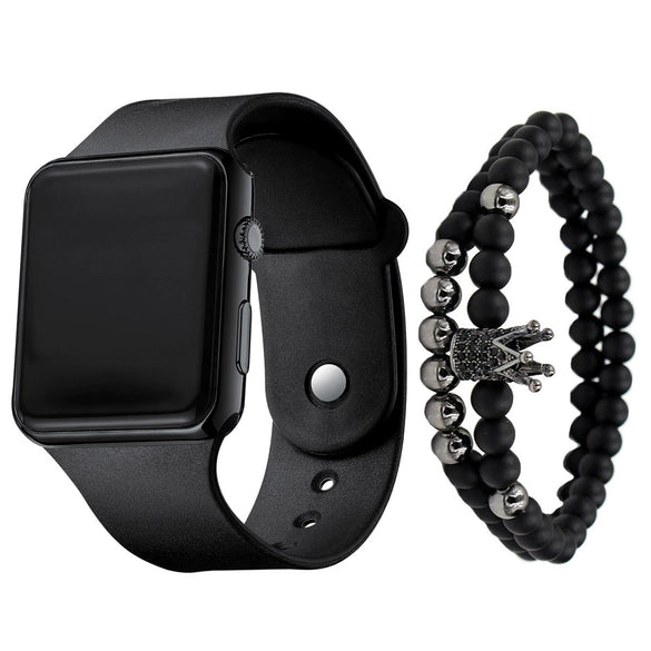 Men's Movement Style Silicone And Stainless Steel Square Electronic Watch Bracelet Suit