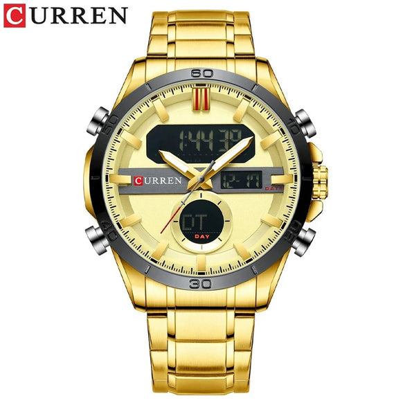 Men's Multifunction Dualdisplay Luminous Calendar Week Watch Metal Case Stainless Steel Band Round Dial Business Style