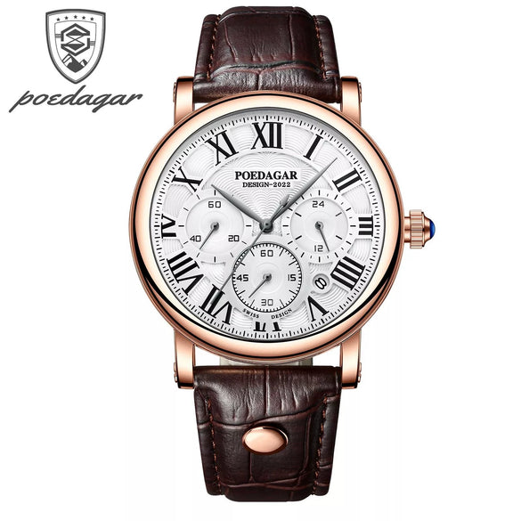 Men's Multifunctional Belt Quartz Watch Genuine Leather Alloy Case Sapphire Crystal Glass Mirror Round Dial Leisure Style
