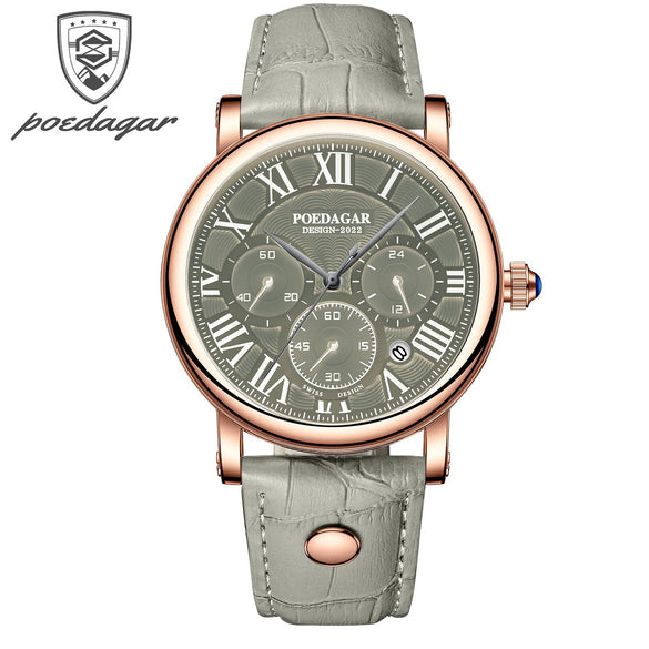 Men's Multifunctional Belt Quartz Watch Genuine Leather Alloy Case Sapphire Crystal Glass Mirror Round Dial Leisure Style