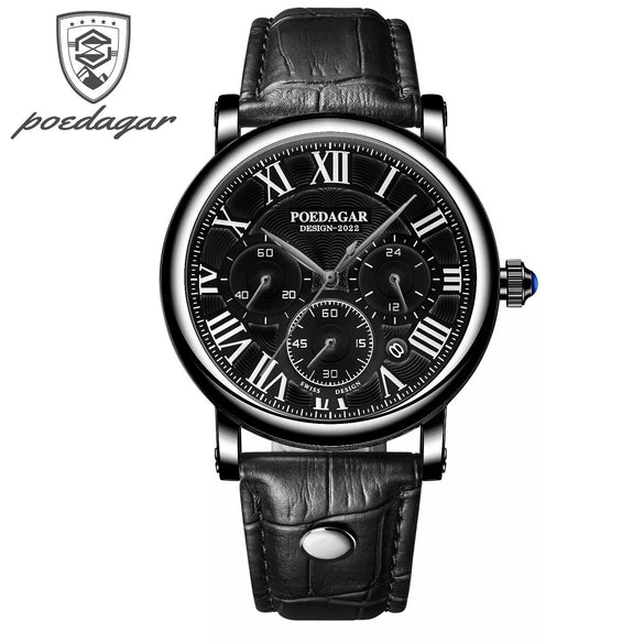 Men's Multifunctional Belt Quartz Watch Genuine Leather Alloy Case Sapphire Crystal Glass Mirror Round Dial Leisure Style