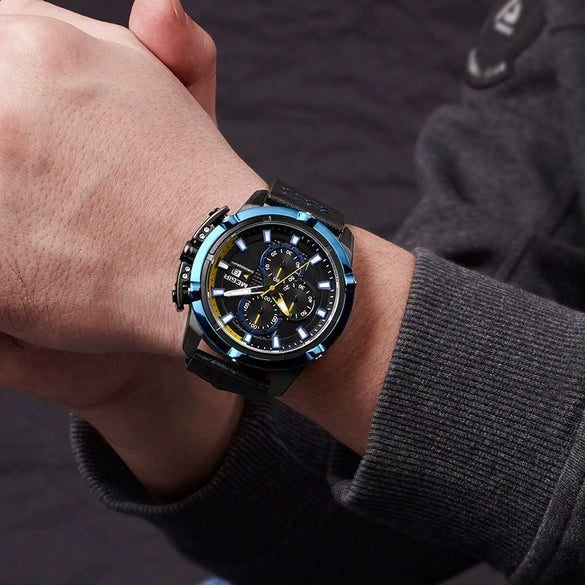 Men's Multifunctional Chronograph Calendar Quartz Watch Alloy Case Genuine Leather Strap Round Dial